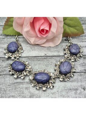 Silver-Tone Necklace W/ Purple Marble Stones & Floral Accents 21" Chain Length